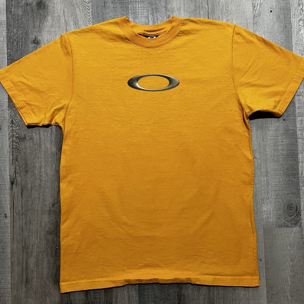 VTG Oakley Software Center Logo T-Shirt Goldenrod Yellow Size L Skull Crossbones